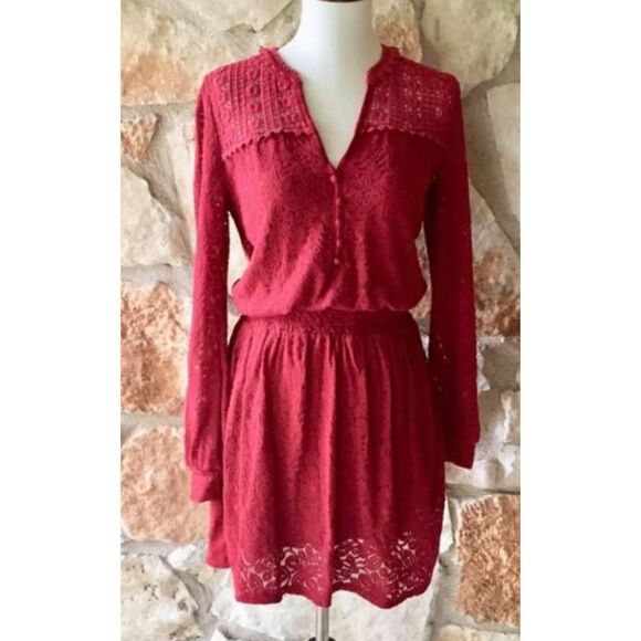 ~ Anthropologie Sm Leifnotes Field Day Dress Red Lace Stretch Mini Small Ruby ~ - Picture 2 of 12